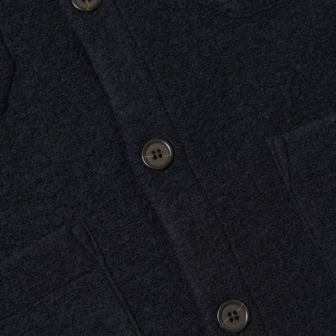 Universal Works Wool Fleece Cardigan in Navy