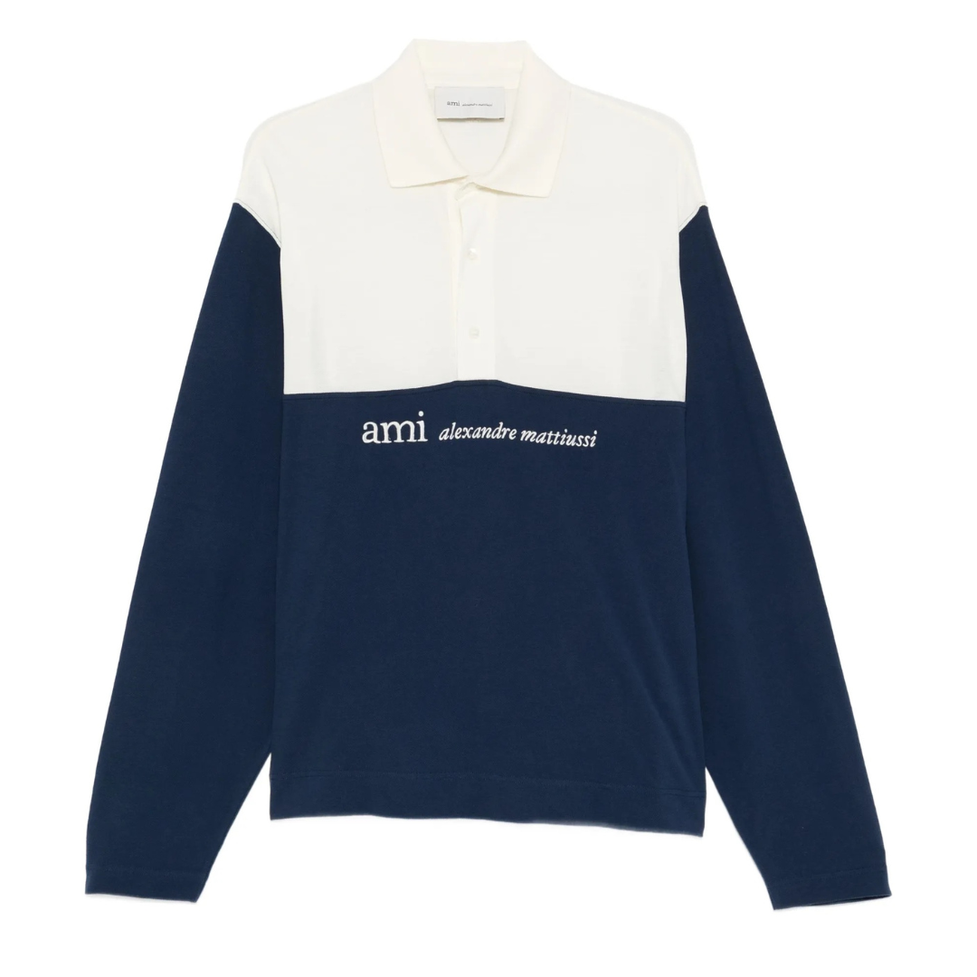 AMI Paris Long Sleeve Polo Top in Blue/White