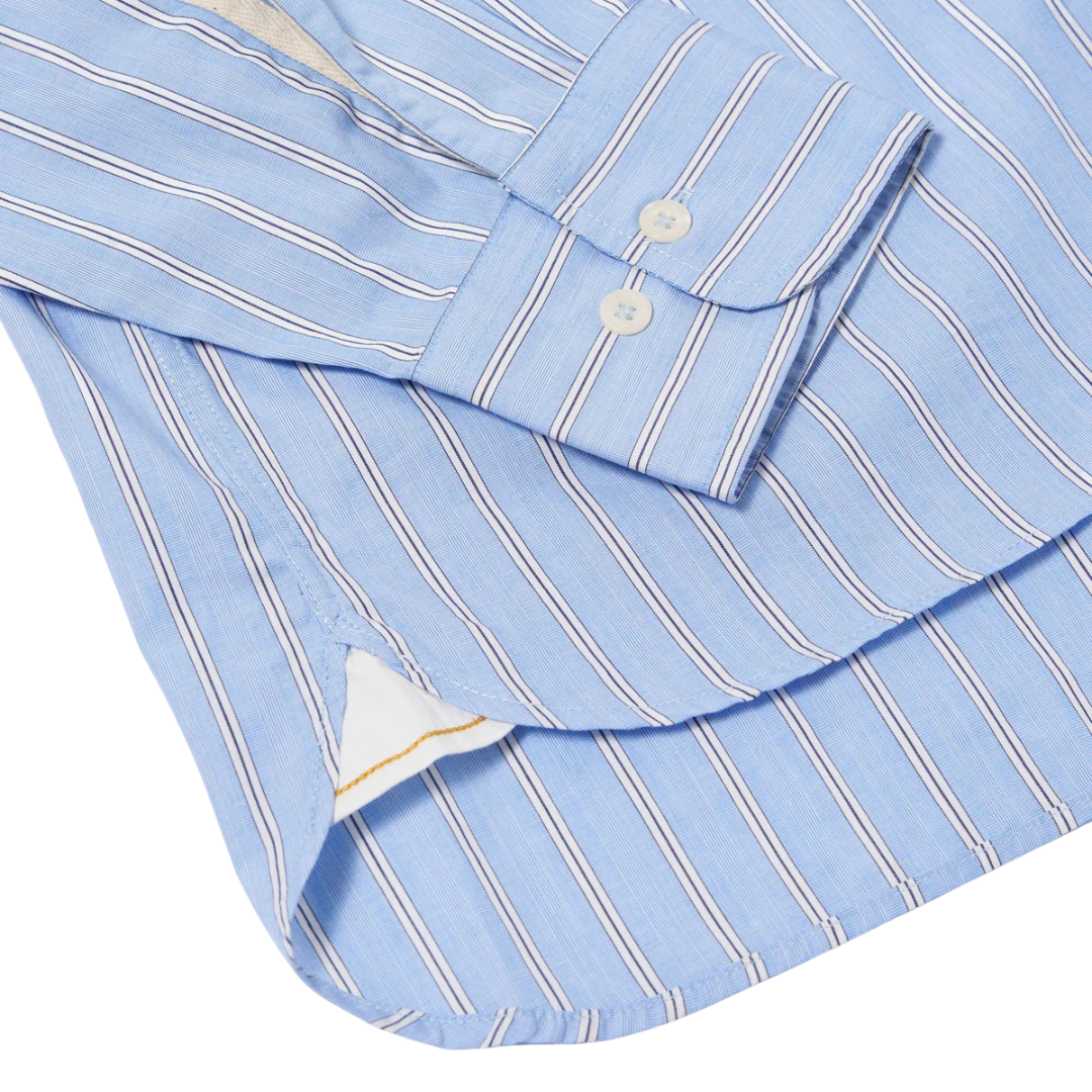 Universal Works Square Pocket Shirt in Blue Stripe