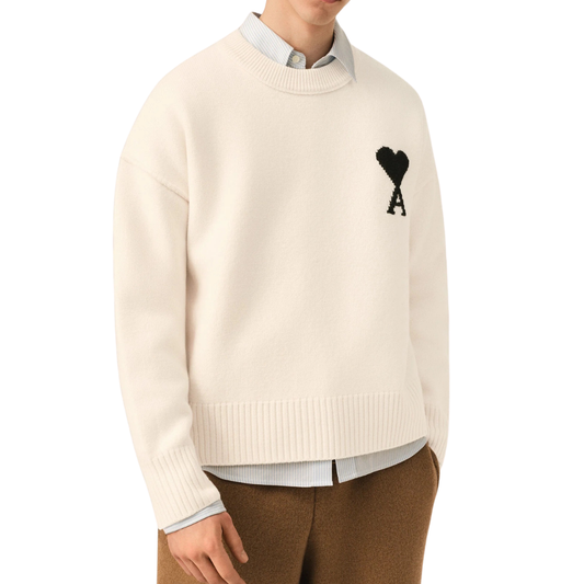 AMI Paris Contrasted ADC Crewneck Knitted Jumper in Ecru
