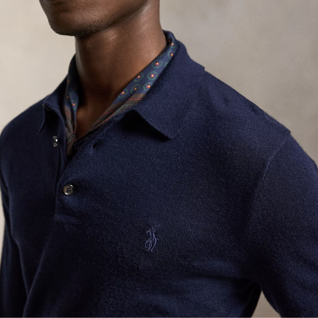 Ralph Lauren Merino LS Knitted Polo Top in Hunter Navy