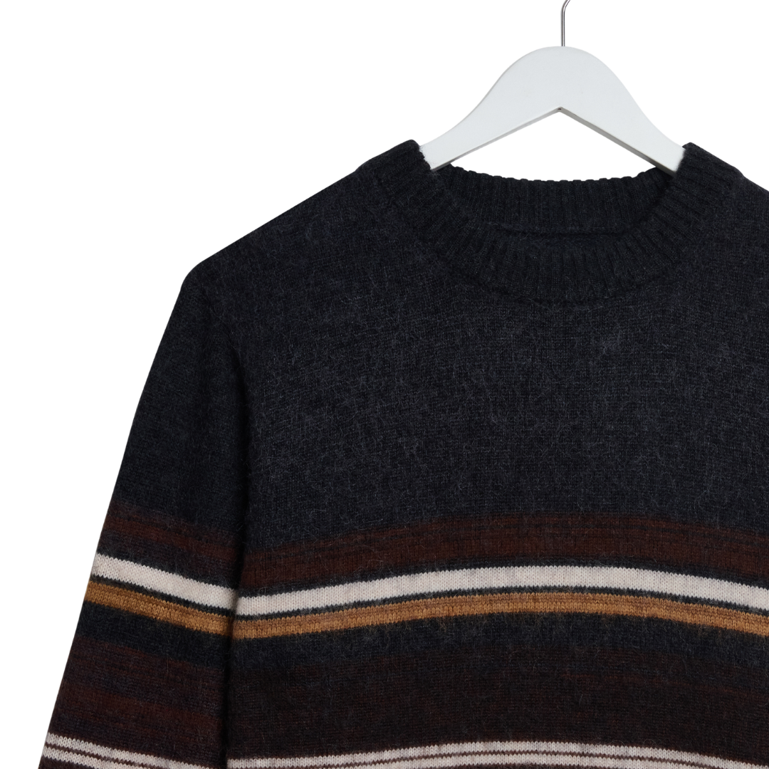 Wax London Wilde Crew Bold Stripe Knitted Jumper in Charcoal & Brown