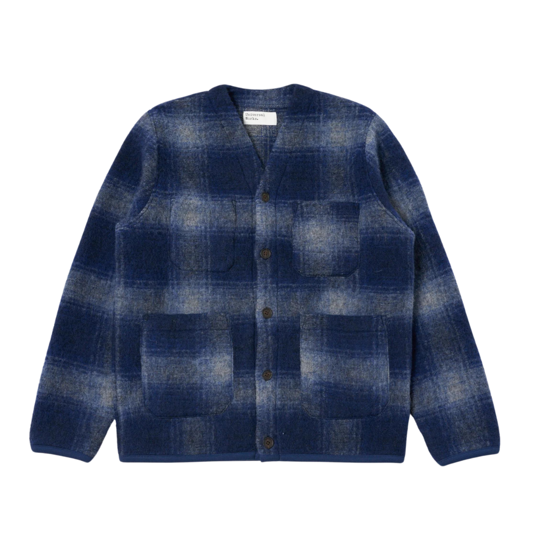 Universal Works Checked Cardigan in Navy