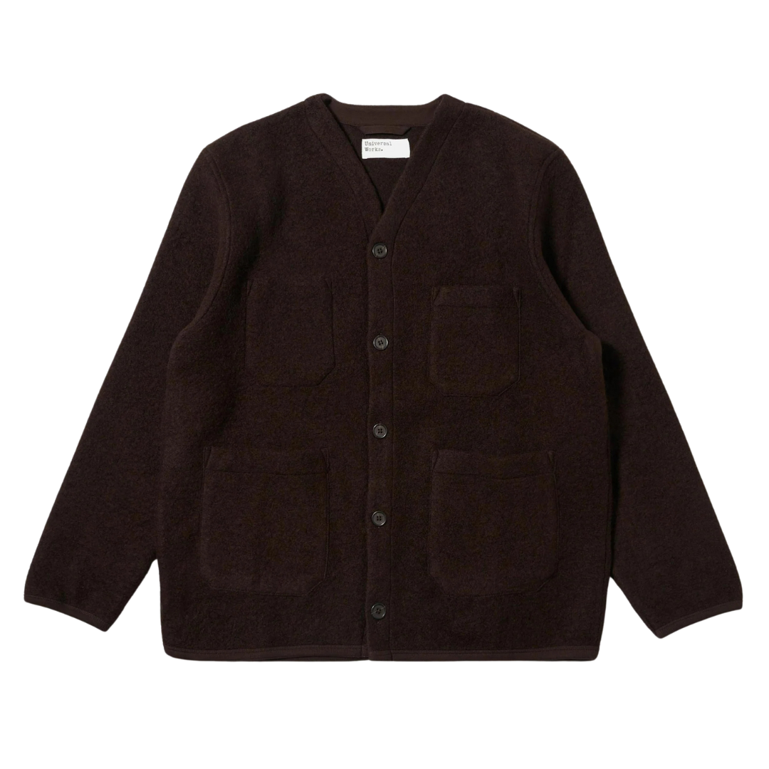 Universal Works Wool Fleece Cardigan in Brown