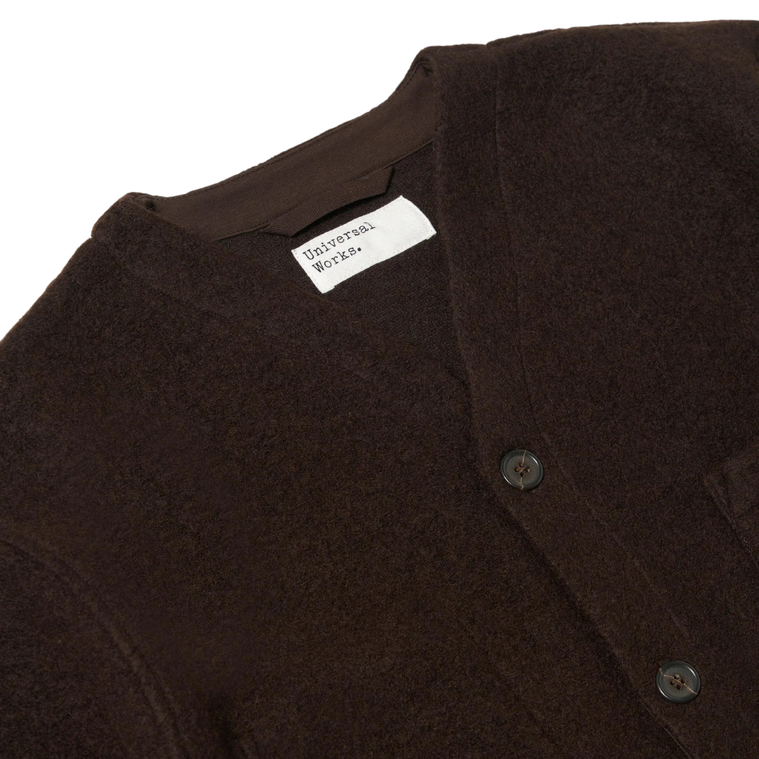 Universal Works Wool Fleece Cardigan in Brown