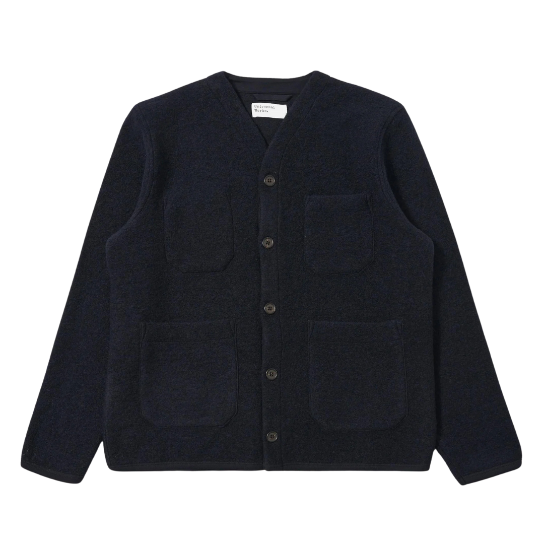 Universal Works Wool Fleece Cardigan in Navy