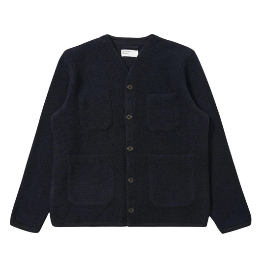 Universal Works Wool Fleece Cardigan in Navy