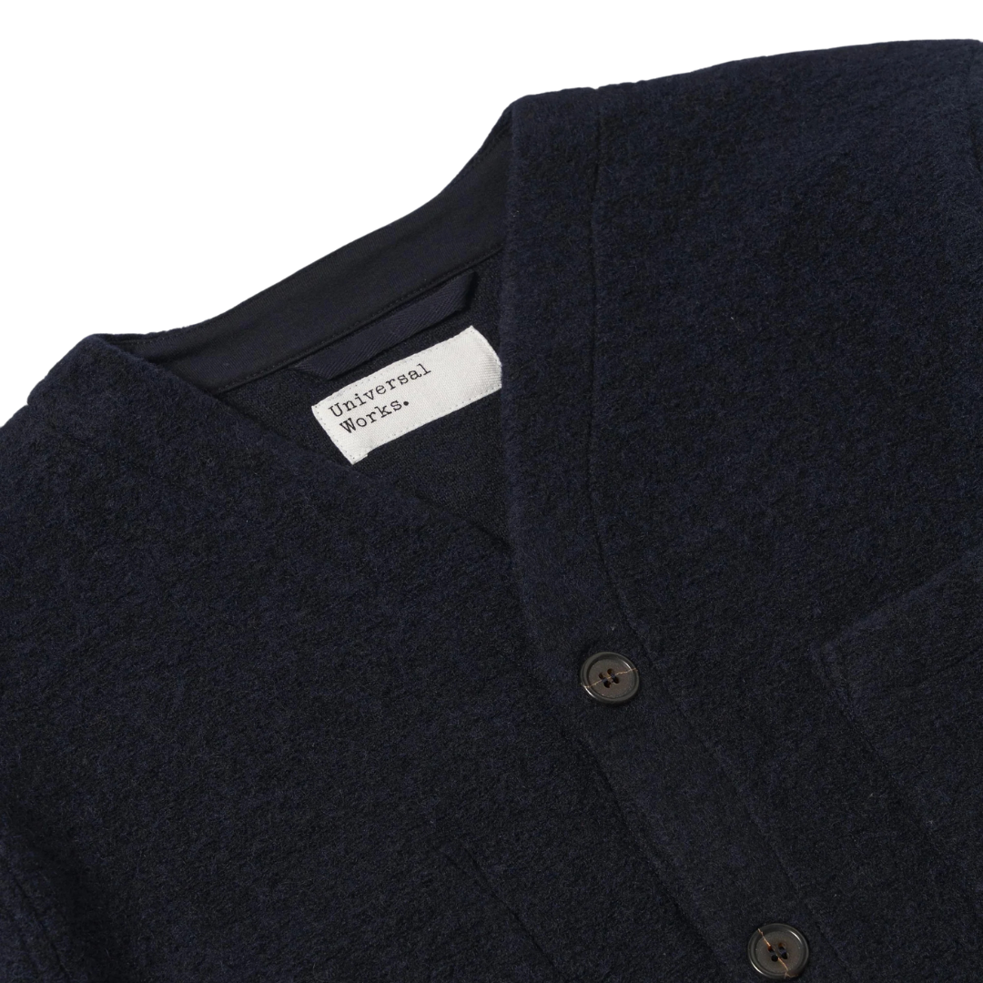 Universal Works Wool Fleece Cardigan in Navy