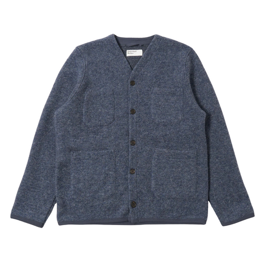 Universal Works Wool Fleece Cardigan in Slate Blue