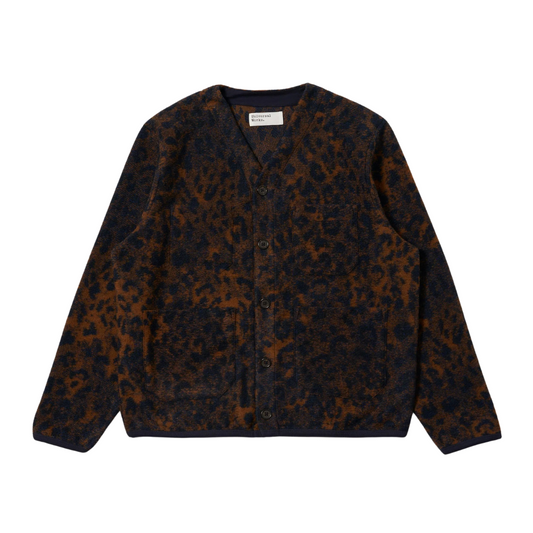 Universal Works Wool Fleece Cardigan in Dark Navy/Brown