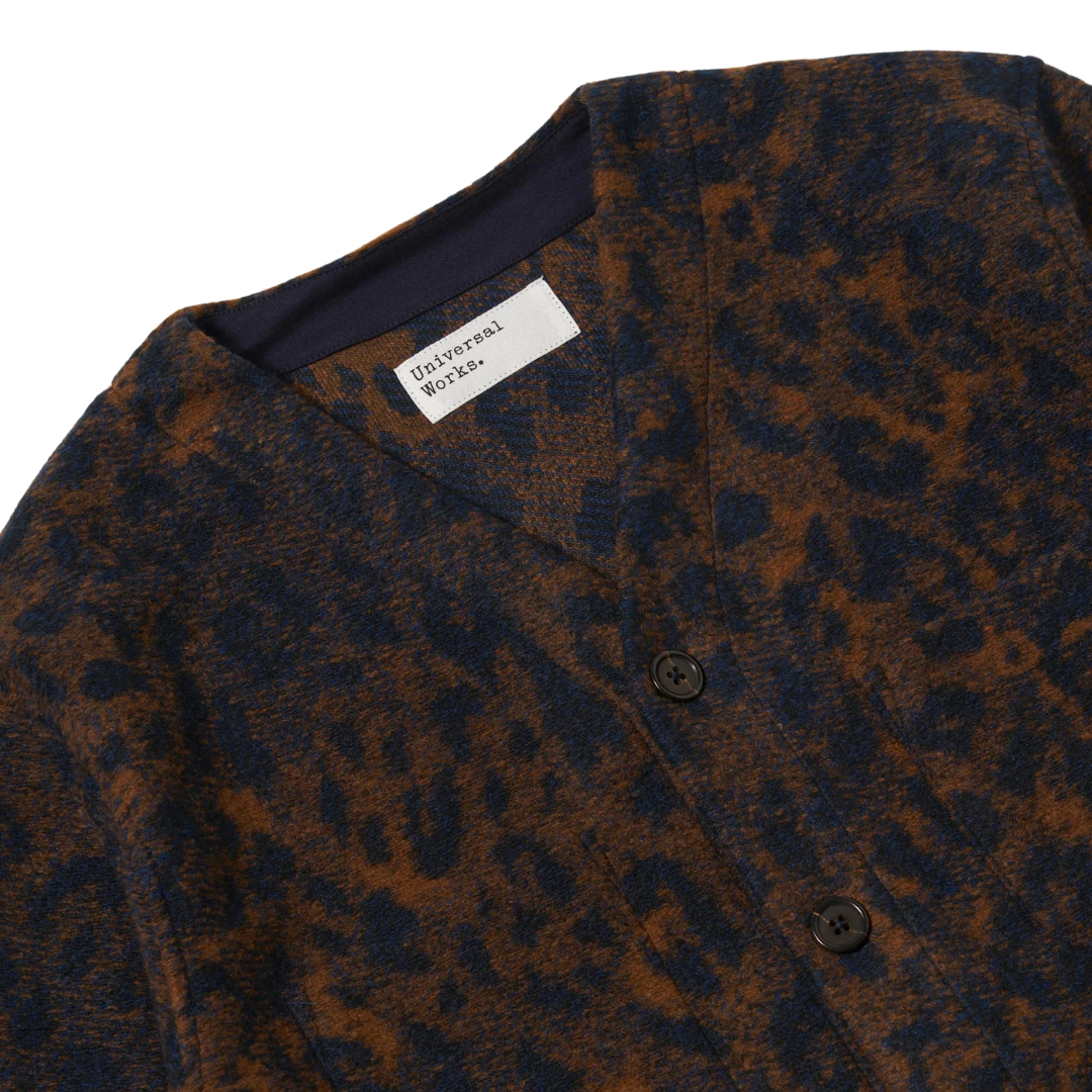 Universal Works Wool Fleece Cardigan in Dark Navy/Brown