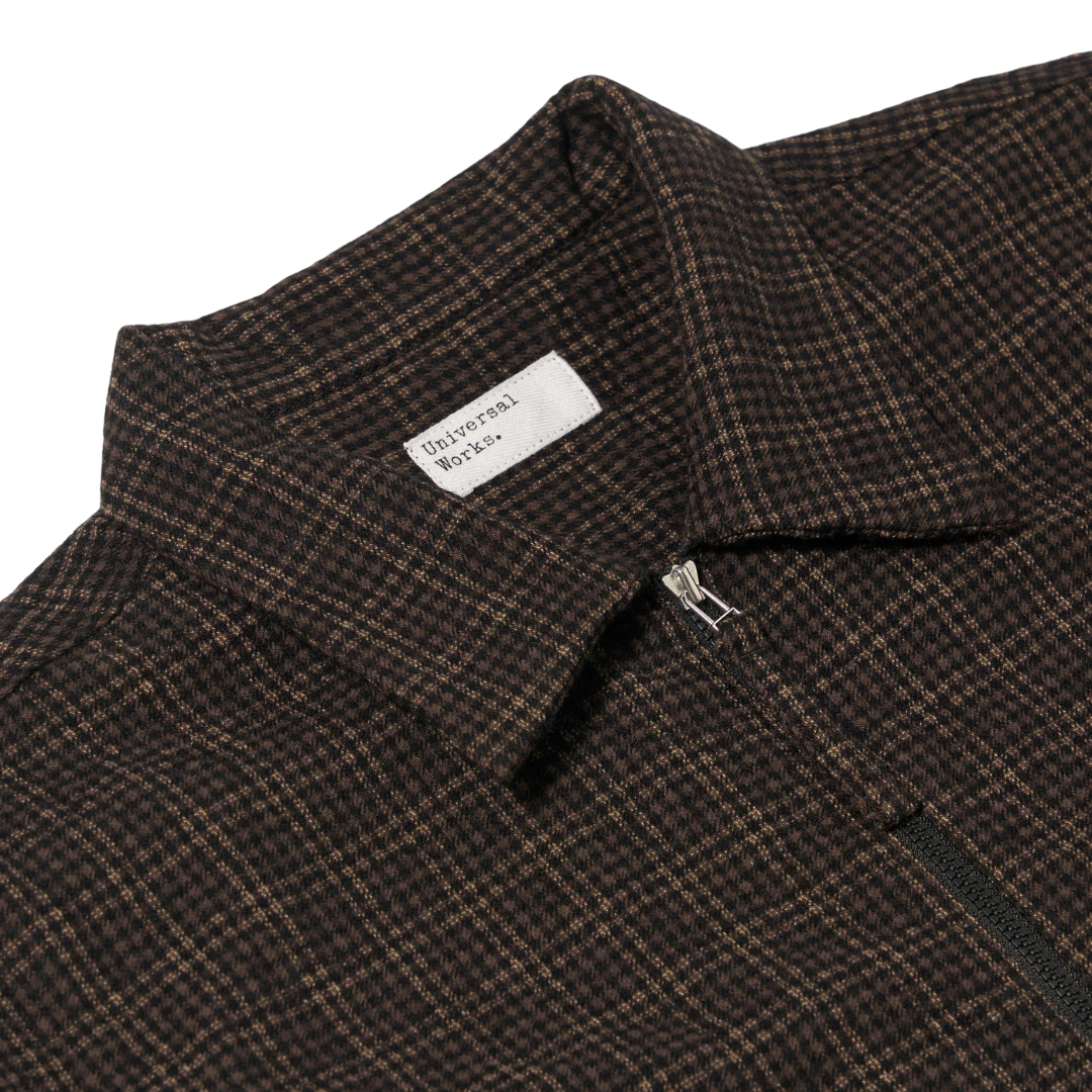 Universal Works Checked Zip Shirt in Brown