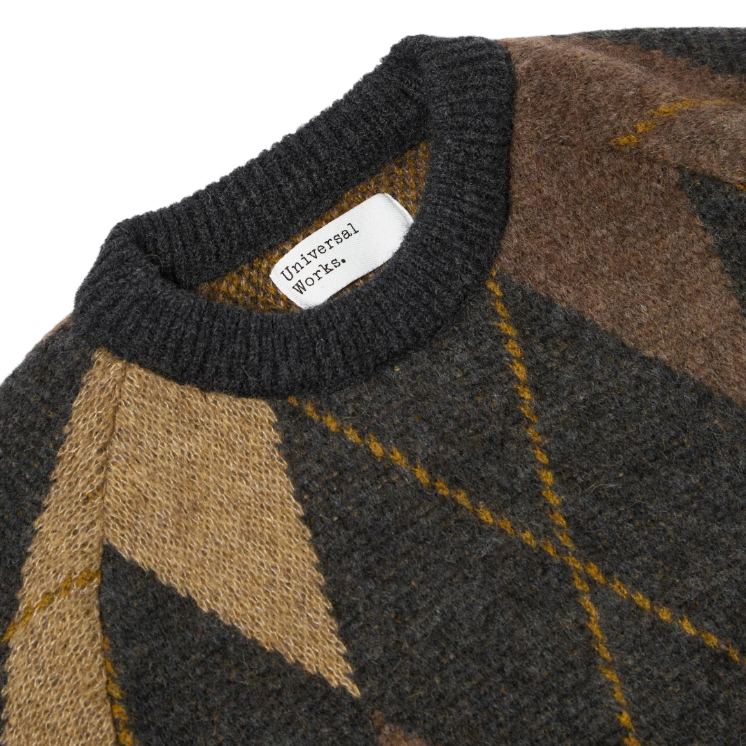 Universal Works Alpaca Argyll Crew in Brown