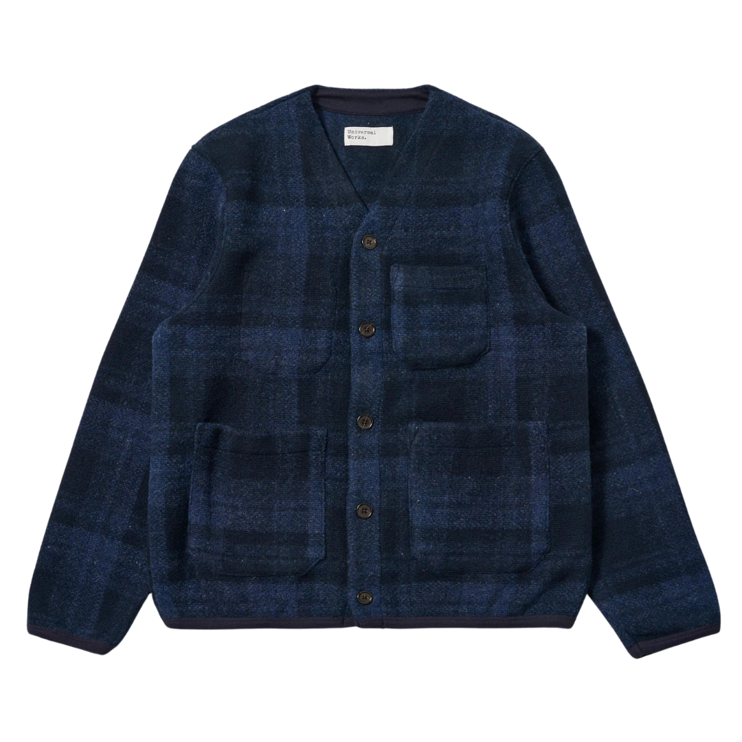 Universal Works Check Fleece Cardigan in Navy