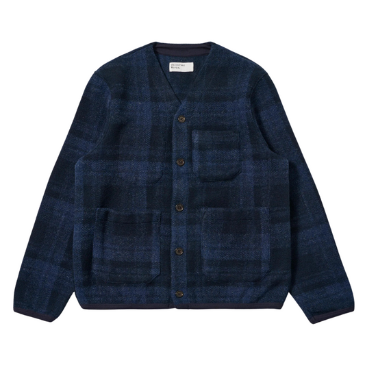 Universal Works Check Fleece Cardigan in Navy