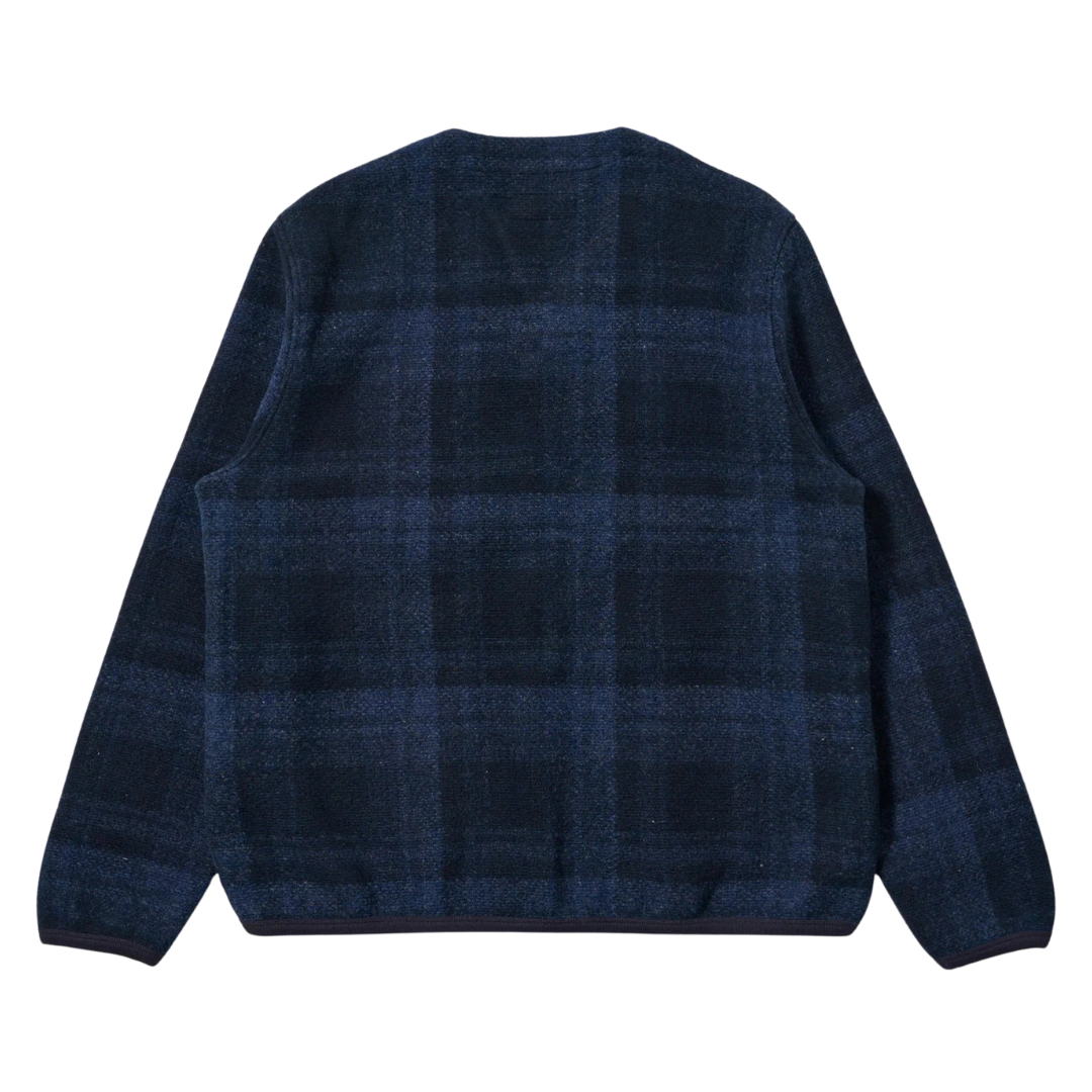 Universal Works Check Fleece Cardigan in Navy
