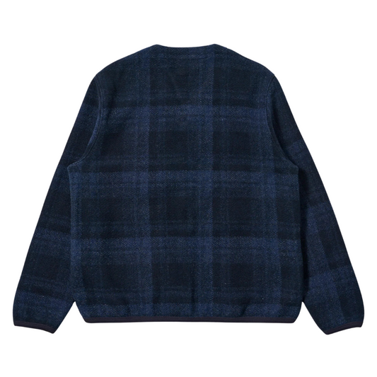 Universal Works Check Fleece Cardigan in Navy