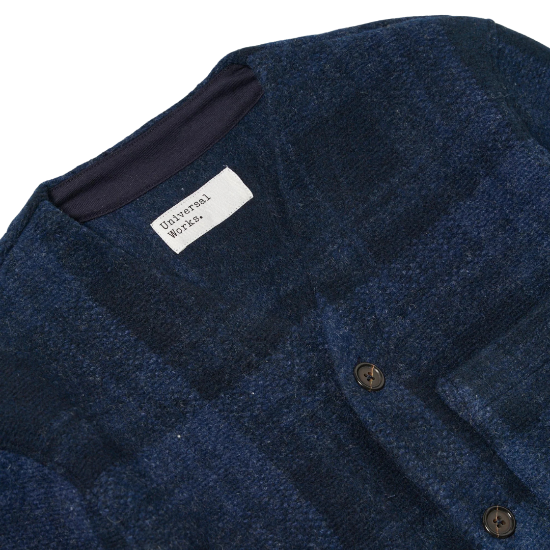 Universal Works Check Fleece Cardigan in Navy