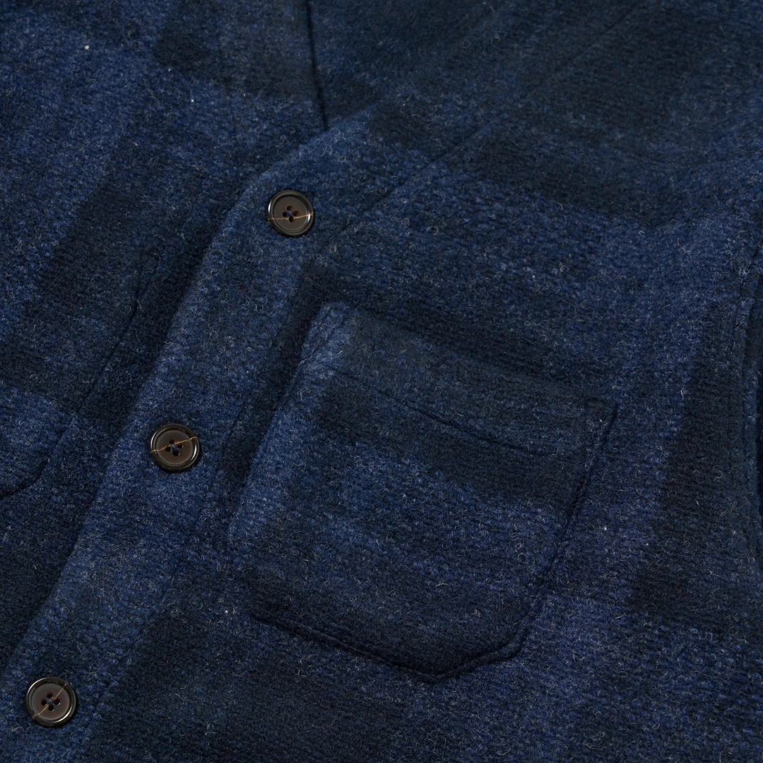 Universal Works Check Fleece Cardigan in Navy