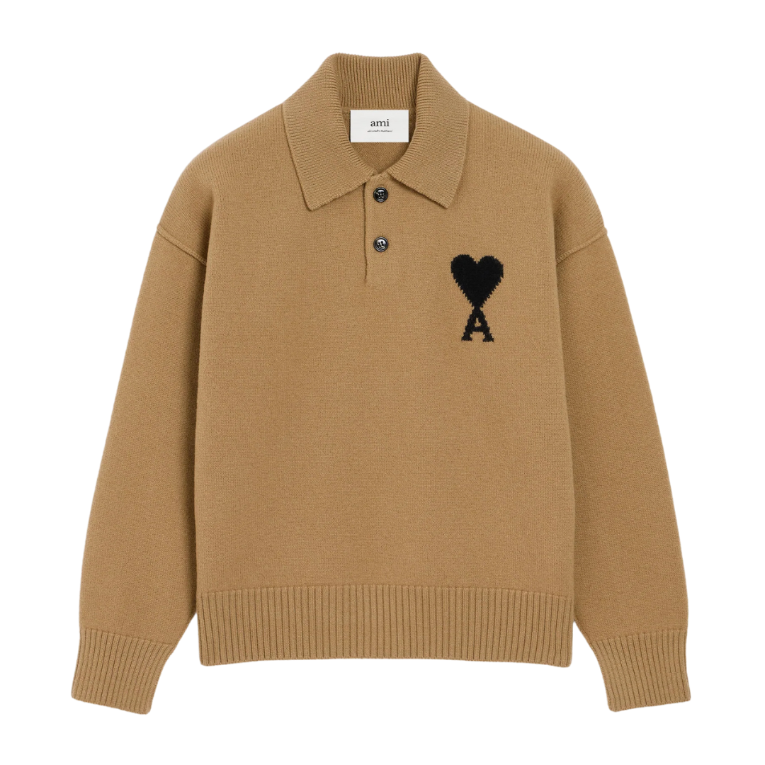 AMI Knitted Polo in Camel