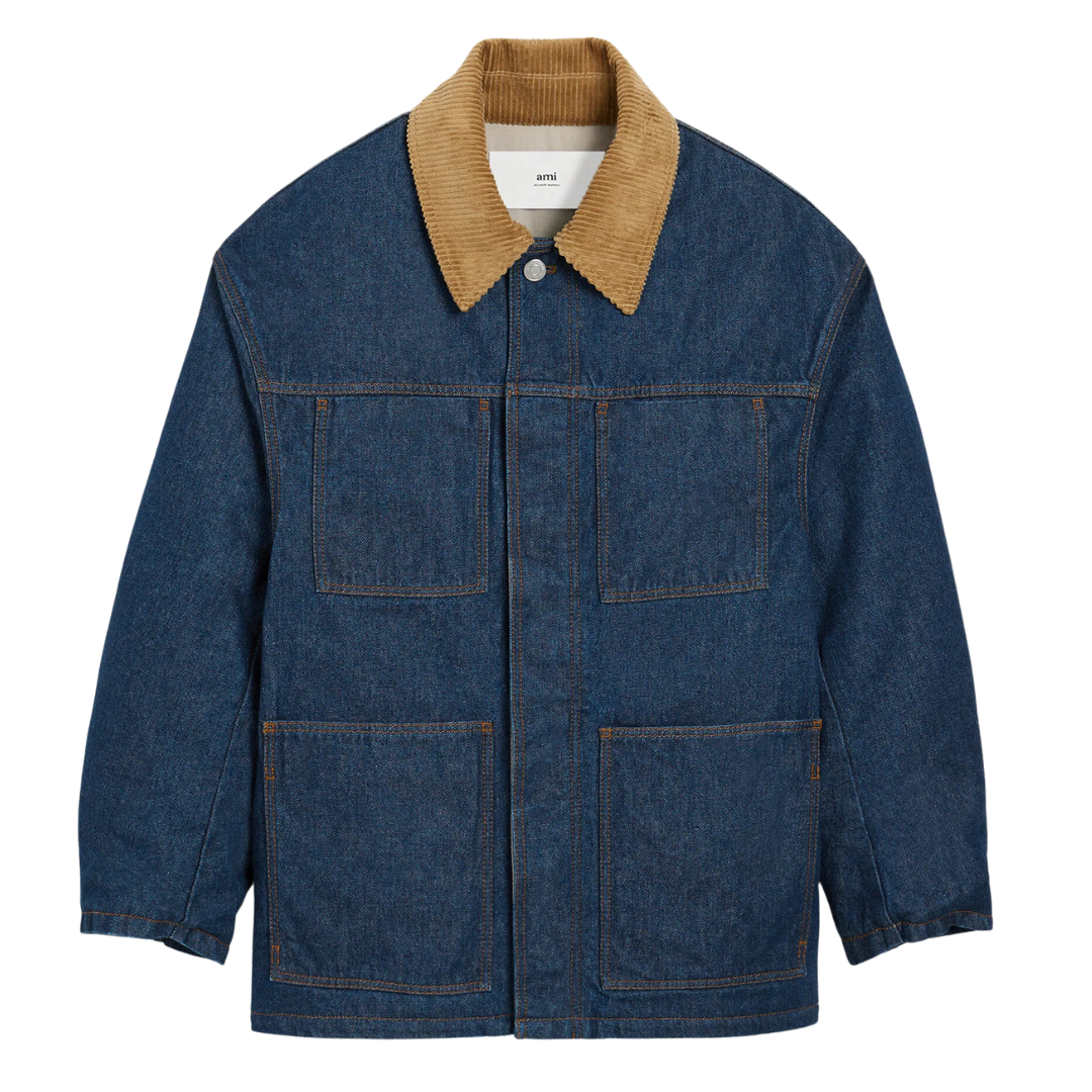 AMI Padded Denim Worker Jacket in Indigo Blue