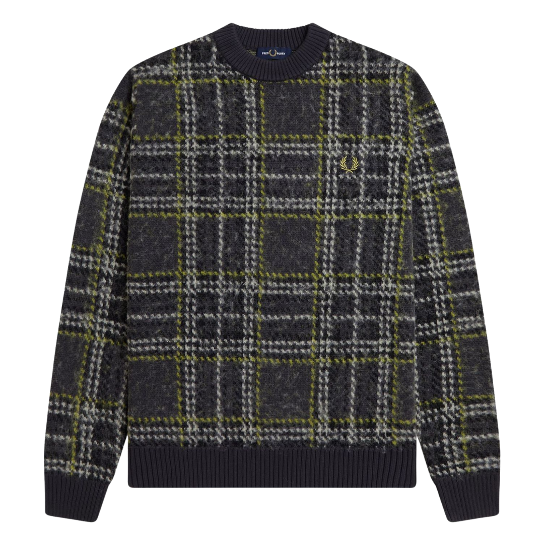 Fred Perry Brushed Tartan Jumper in Anchor Grey