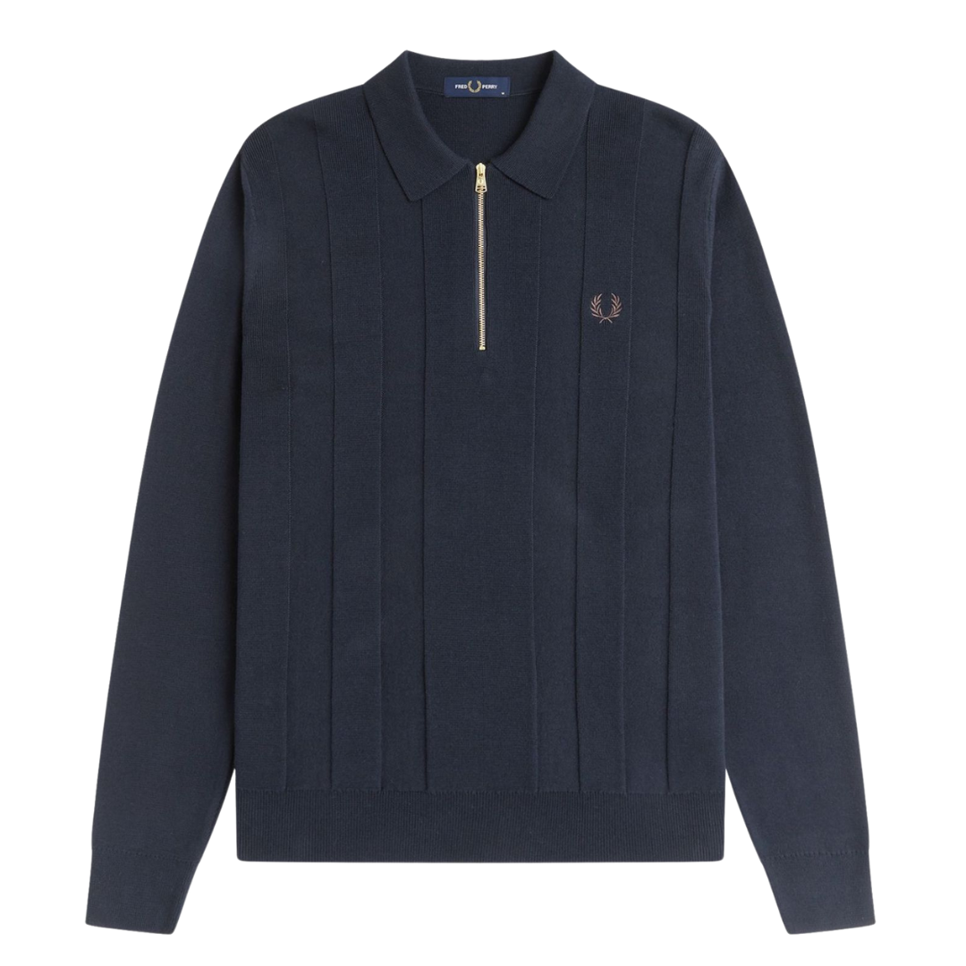 Fred Perry Tonal Stripe Knitted Polo Shirt in Navy