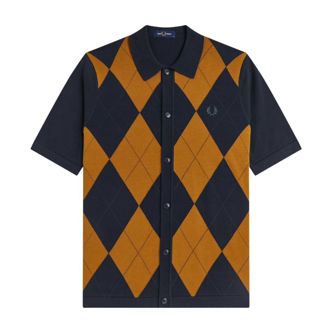 Chemise en maille Fred Perry à boutons motif losanges – Bleu marine