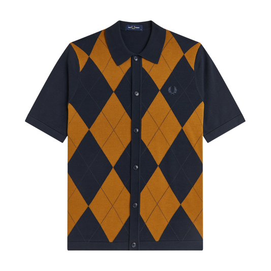 Fred Perry Argyle Button Through Knitted Shirt in Navy