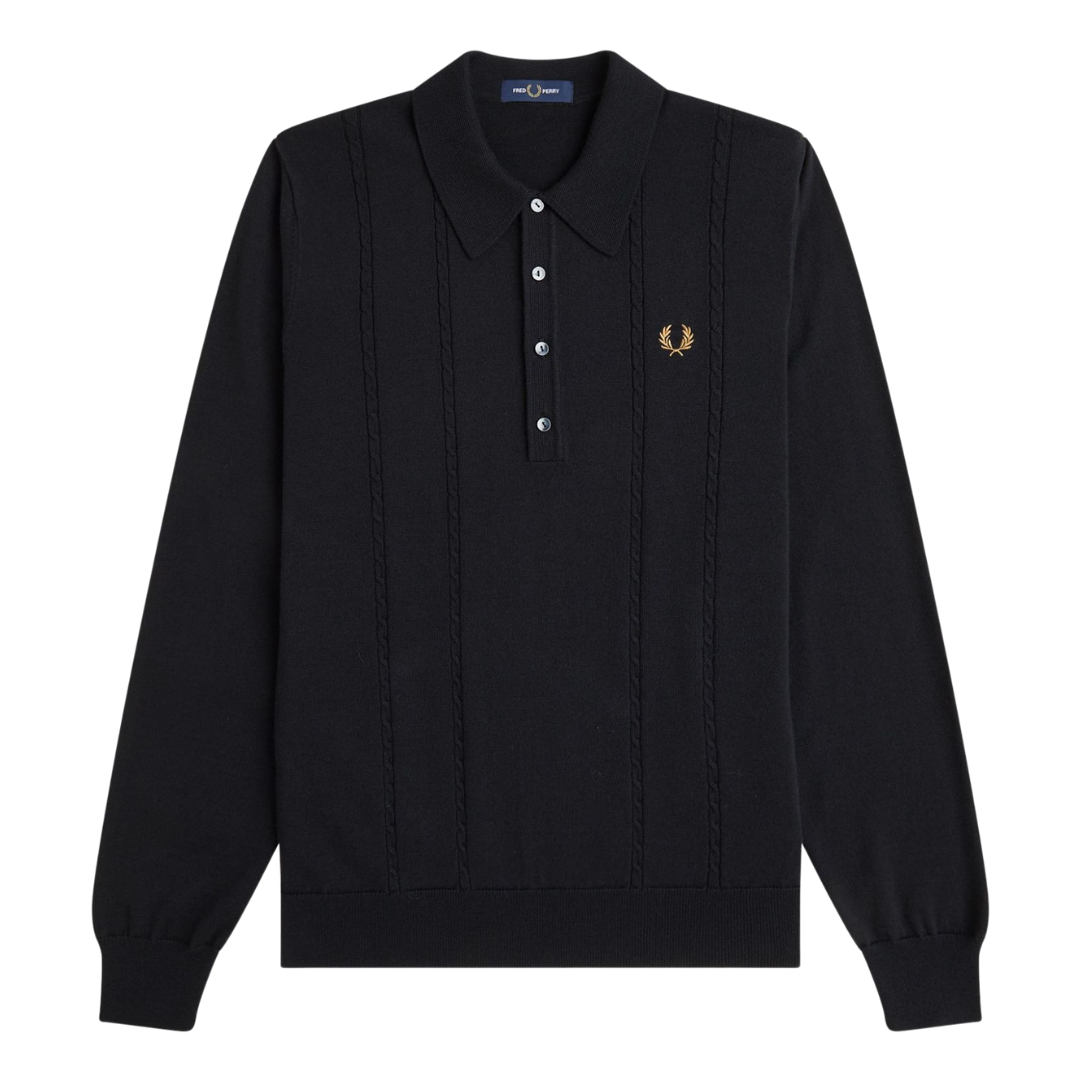 Fred Perry Cable Knitted Polo Top in Black