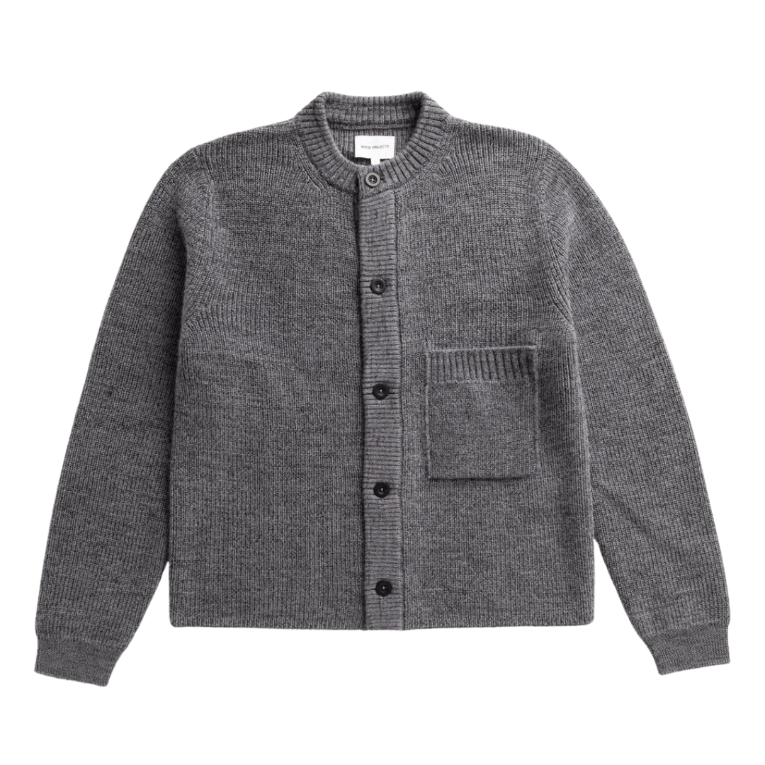 Norse Projects Gullverket Wool Rib Cardigan in Dark Grey Melange