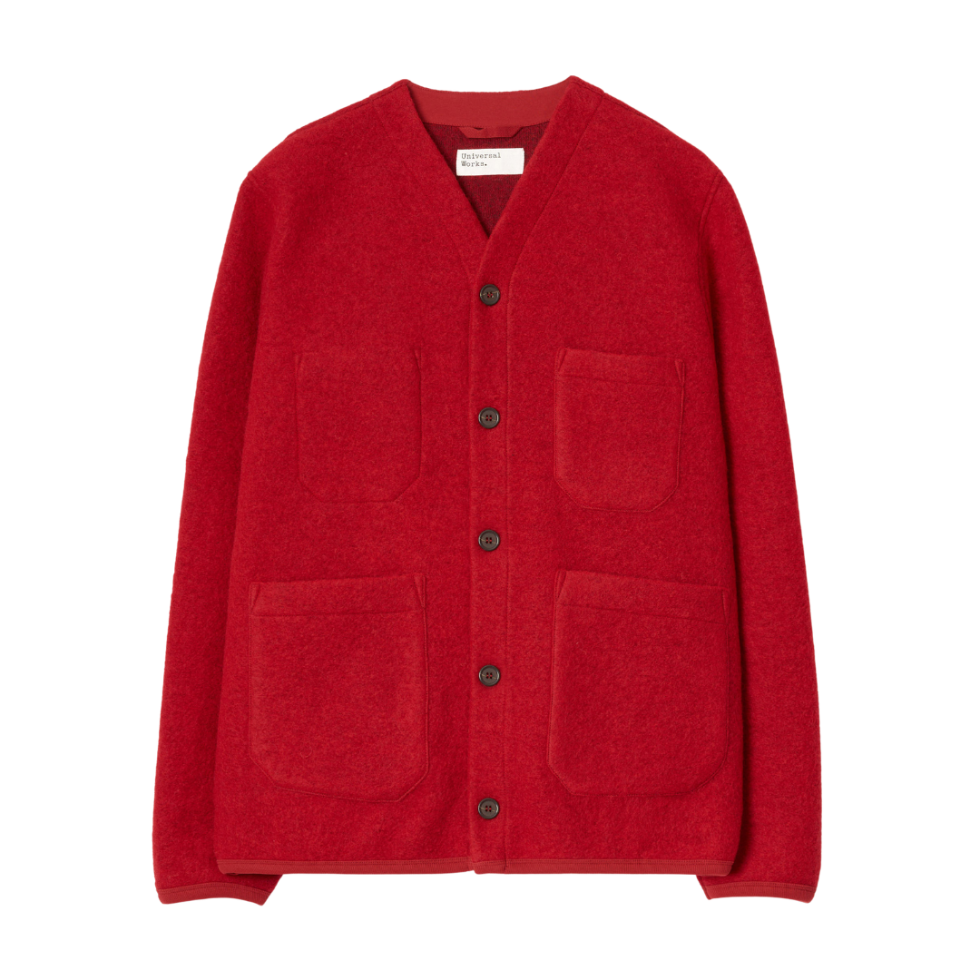 Universal Works Wool Fleece Cardigan in Scarlett Red