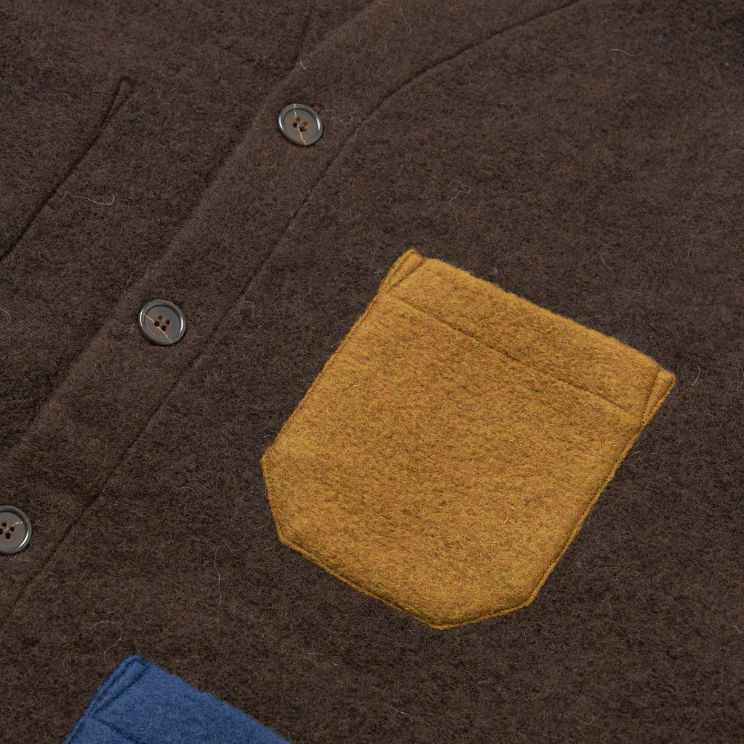 Universal Works Cardigan in Brown/Indigo