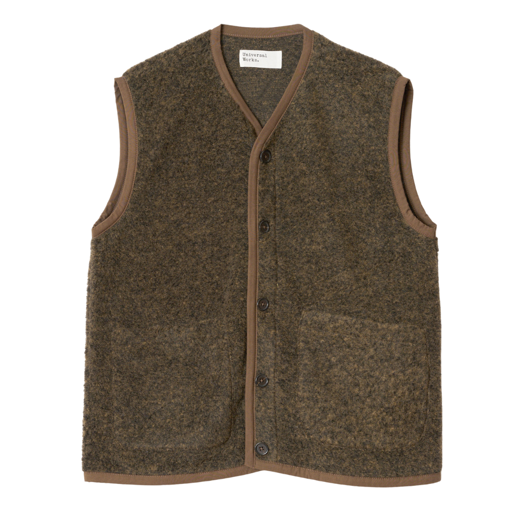 Universal Works Lancaster Fleece Gilet in Brown