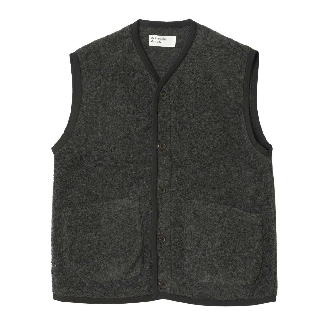 Universal Works Lancaster Fleece Gilet in Charcoal