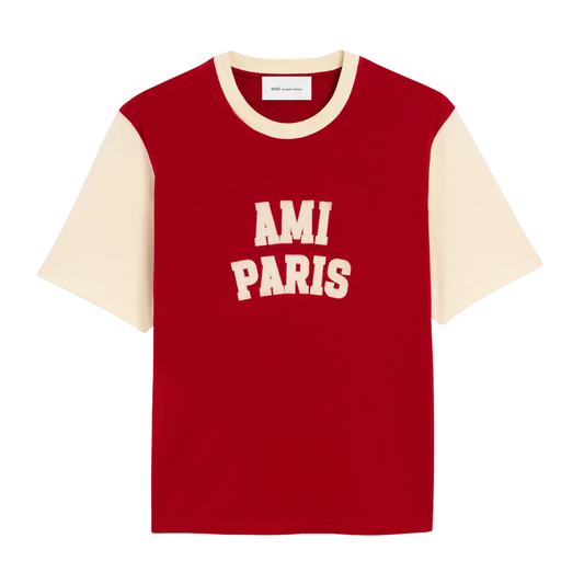 AMI Paris Felt Embroidery Logo T-Shirt in Ruby Red