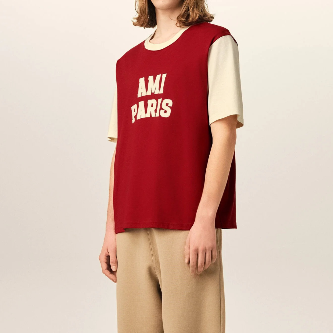 AMI Paris Felt Embroidery Logo T-Shirt in Ruby Red