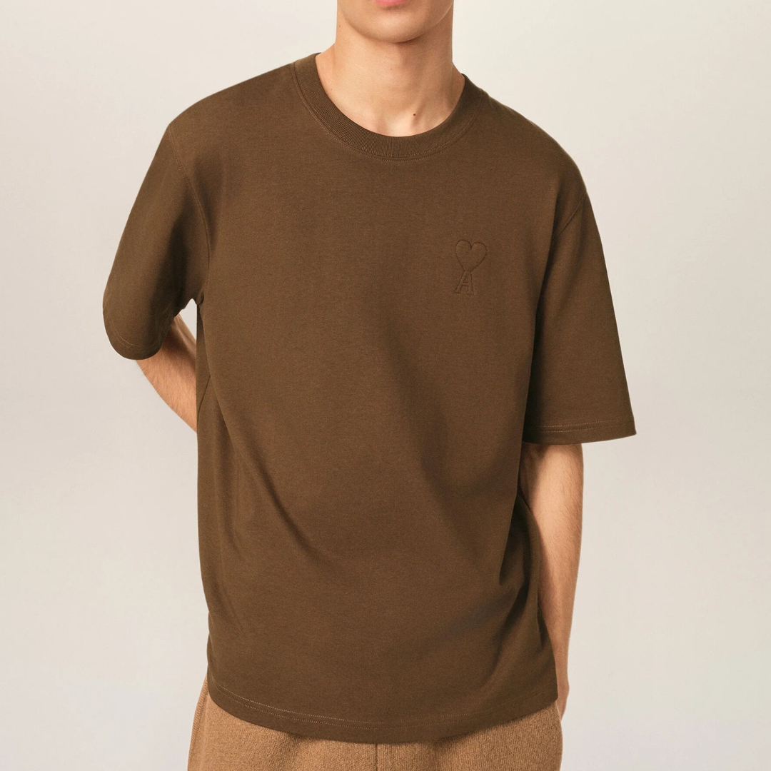 AMI Paris Embossed Logo T-Shirt in Chocolate