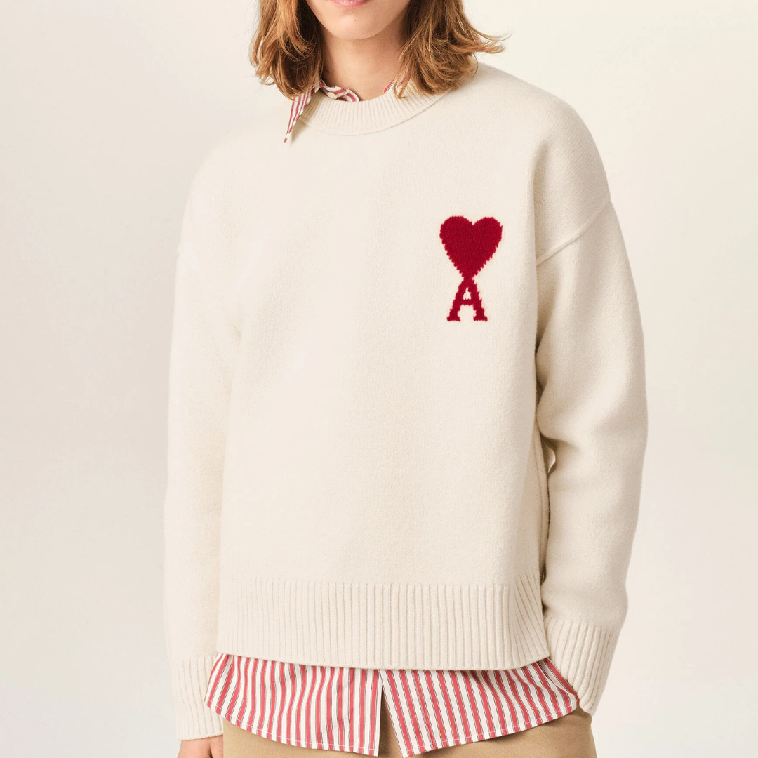 AMI Paris Contrasted ADC Crewneck Knitted Jumper in Ecru