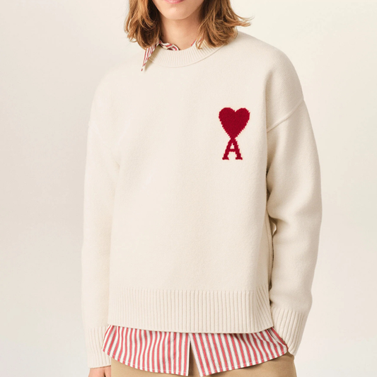 AMI Paris Contrasted ADC Crewneck Knitted Jumper in Ecru