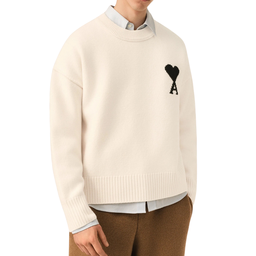 AMI Paris Contrasted ADC Crewneck Knitted Jumper in Ecru