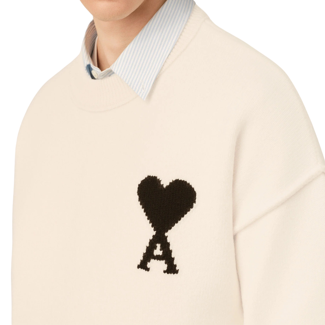 AMI Paris Contrasted ADC Crewneck Knitted Jumper in Ecru