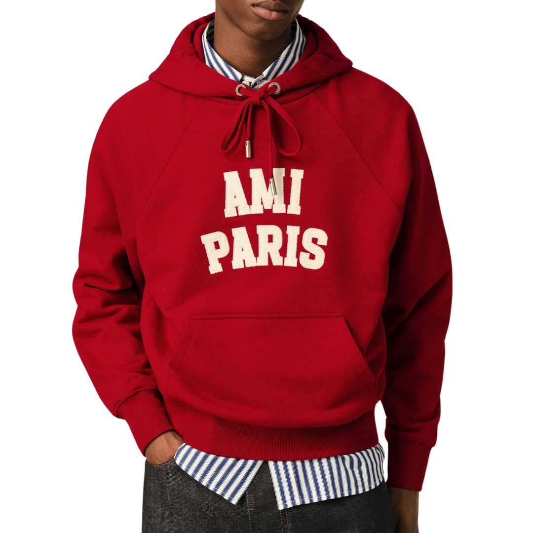 AMI Paris AMI Paris Felt Embroidery Hoody in Red