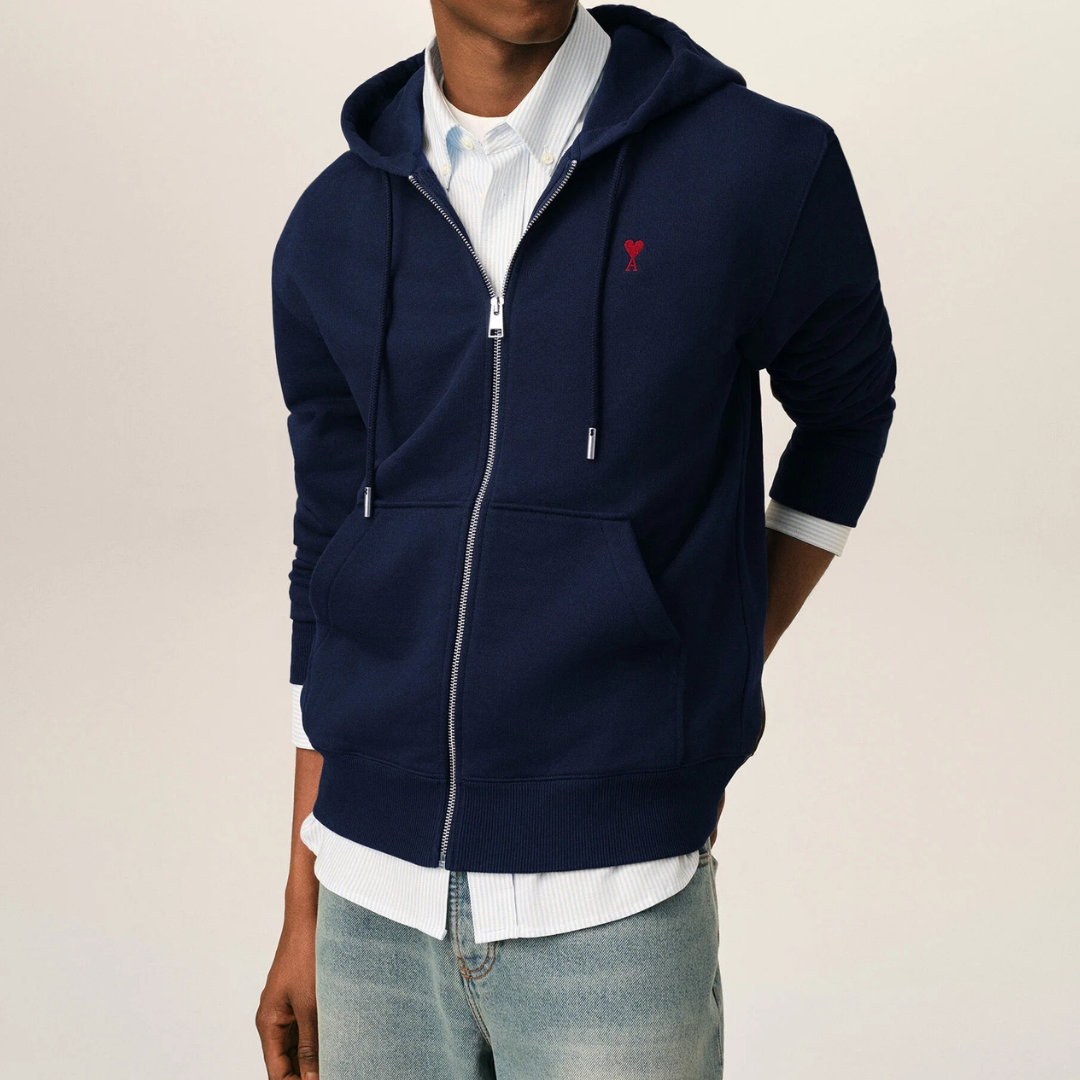 AMI Paris Red AMI De Coeur Hoody in Night Blue