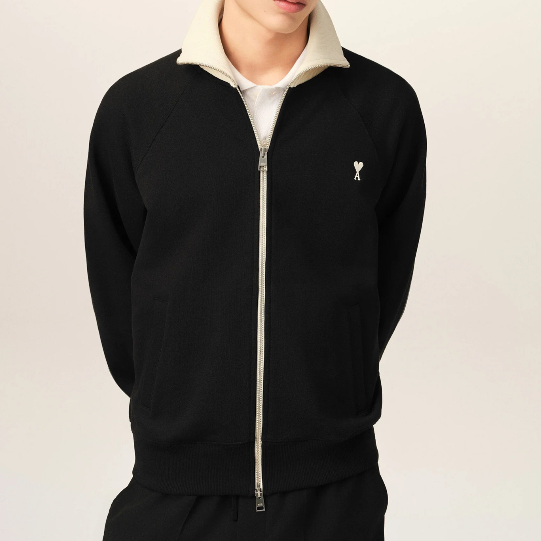 AMI Paris Bicolour Zip Up Track Top in Black