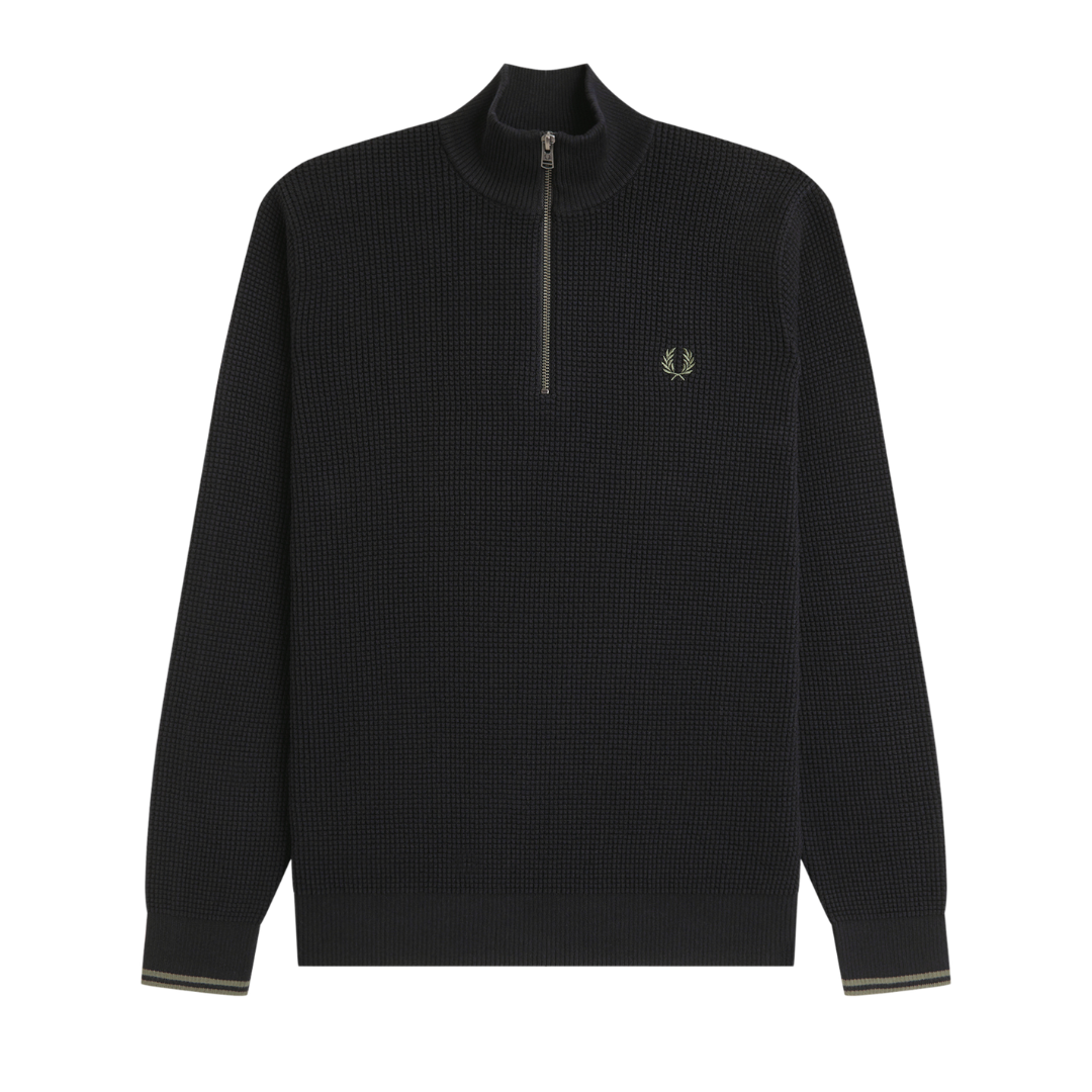 Fred Perry Waffle Stitch Half Zip Jumper in Black