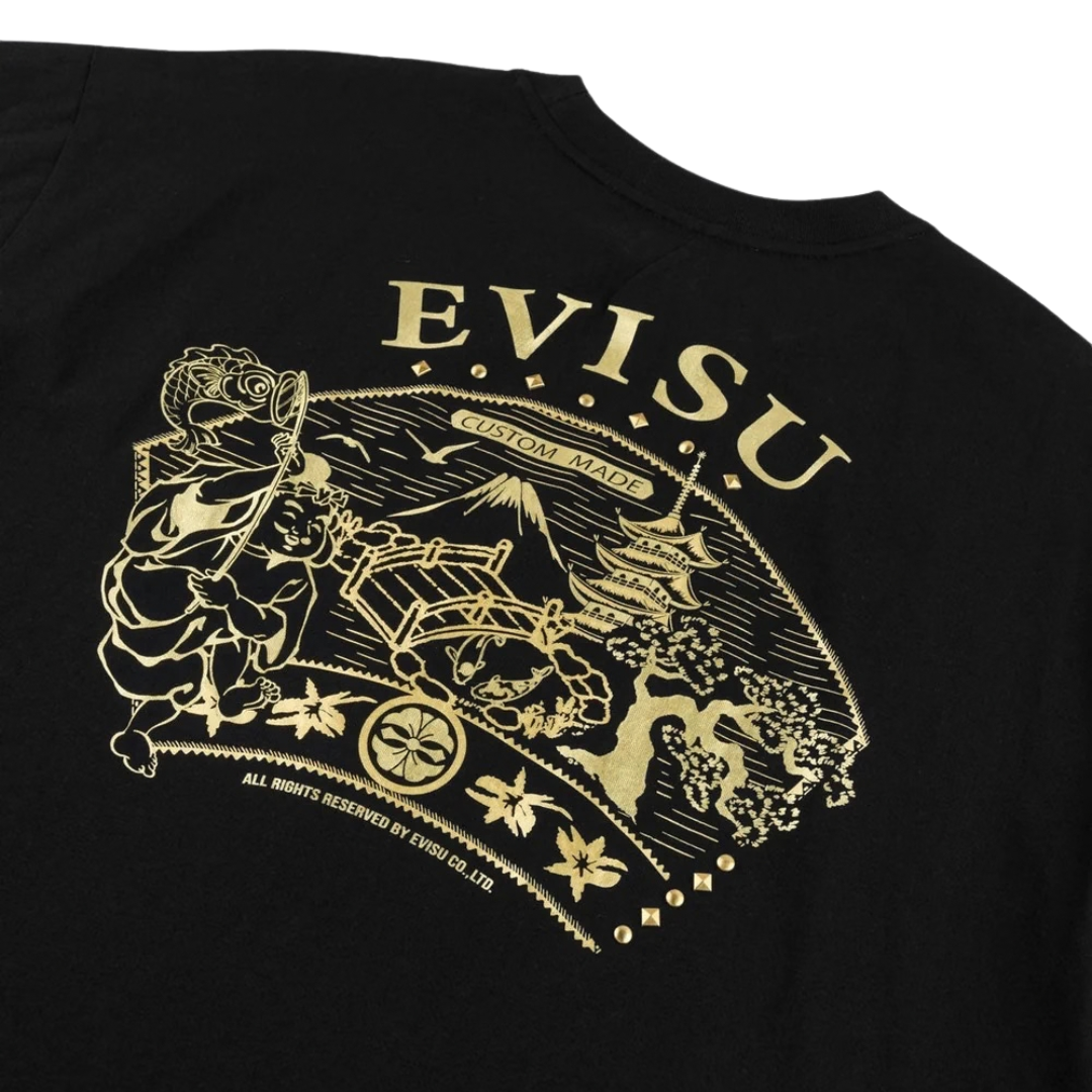 Evisu Gold Print Studded T-Shirt in Black
