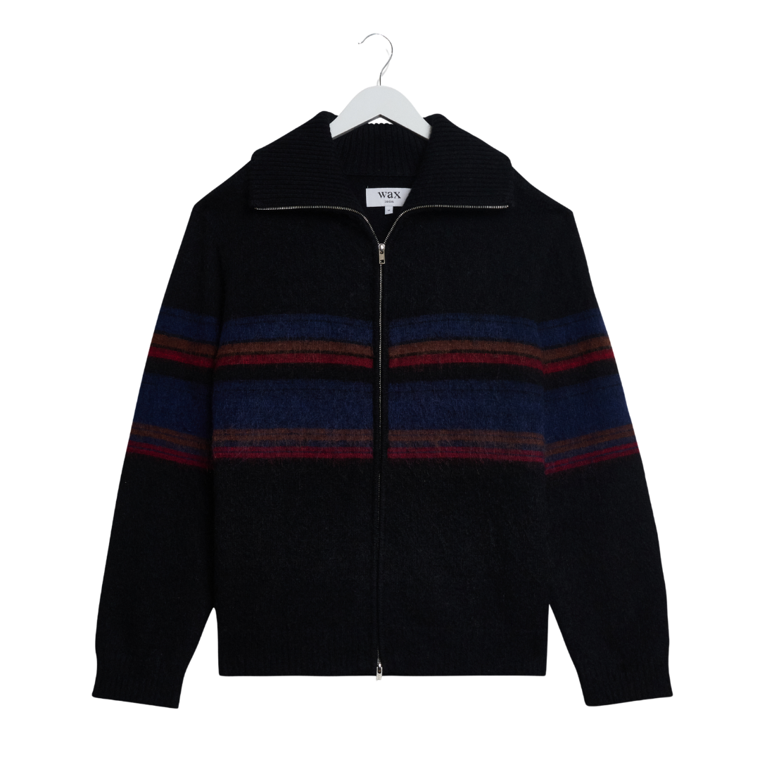 Wax London Norris Zip Funnel Neck Jumper in Black Stripe