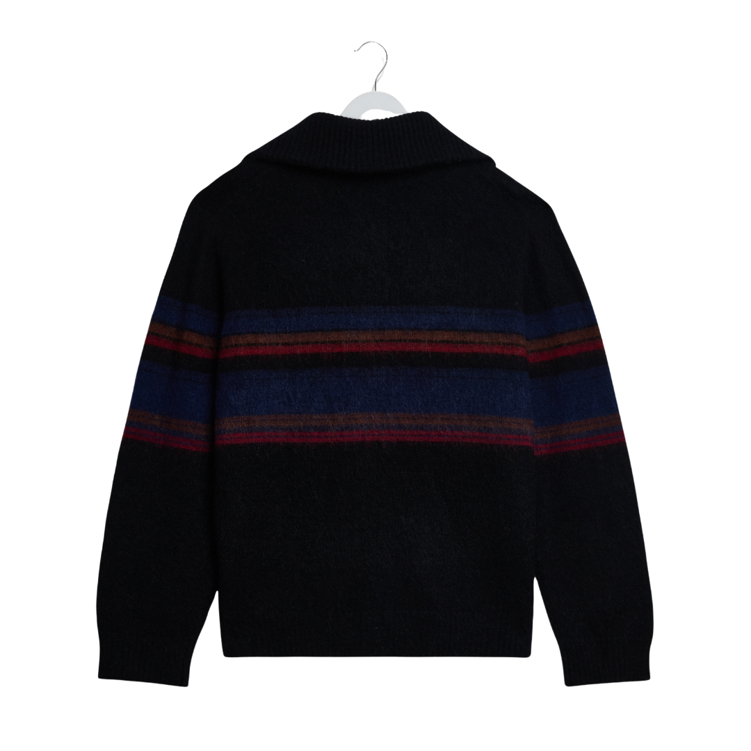 Wax London Norris Zip Funnel Neck Jumper in Black Stripe