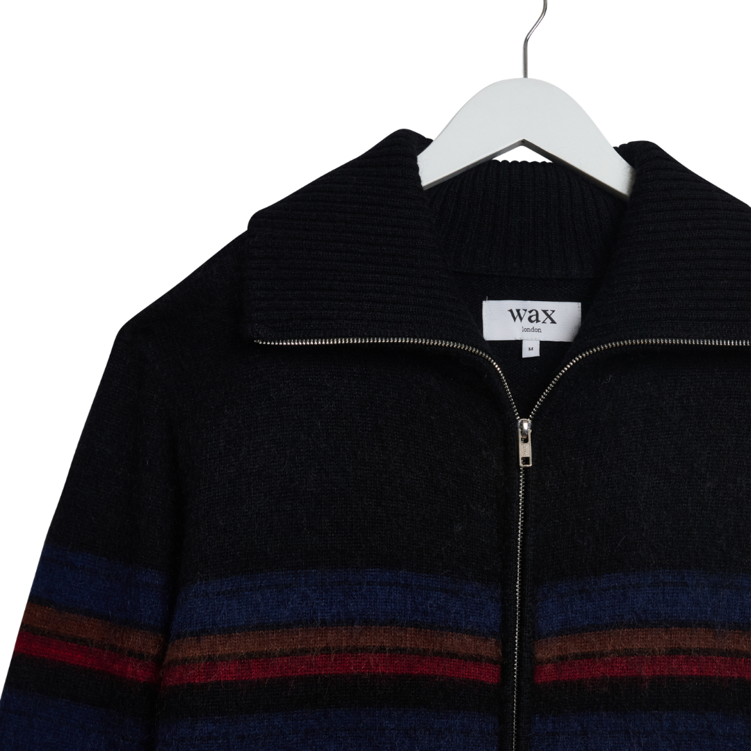 Wax London Norris Zip Funnel Neck Jumper in Black Stripe